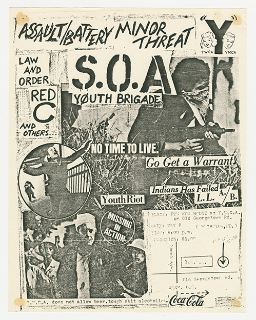 Black and white State of Alert flier, featuring Assault/Battery and Minor Threat, along with others. The text and images highlight themes of rebellion and youth culture.