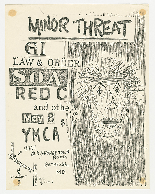 Minor Threat flier with an abstract face sketch on the right side, and a list of featured bands and event details on the left side.