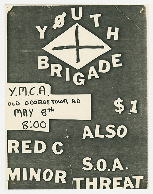 Youth Brigade flier with large white text on a dark background. At the top, 'YOUTH BRIGADE' is displayed in bold letters, with a diamond shape containing a cross placed in between the two words.