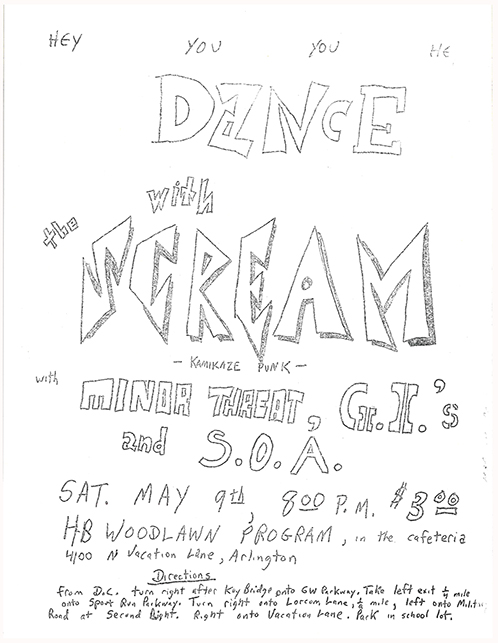 Simple hand-written flier with text in pencil. The title text is 'Dance with the SCREAM' which covers the top half of the page, and the bottom half is filled with event details.