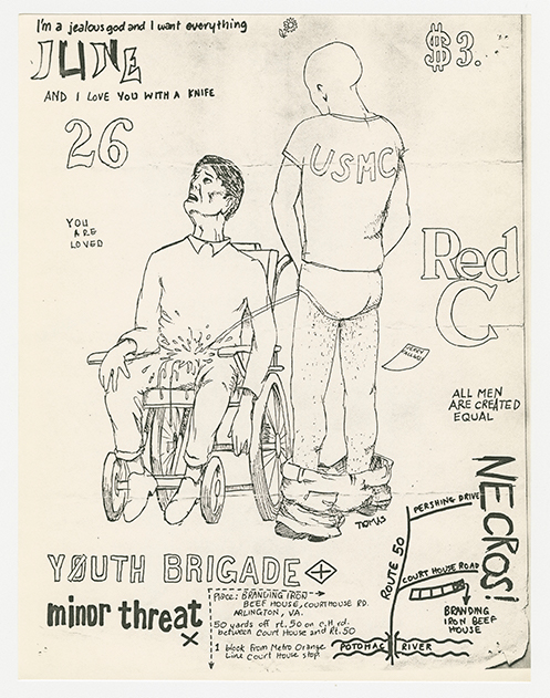 Black and white flier. There is a prominent image at the center of a bald man (whose shirt says 'USMC' on the back) urinating on another man who is sitting on a wheelchair.