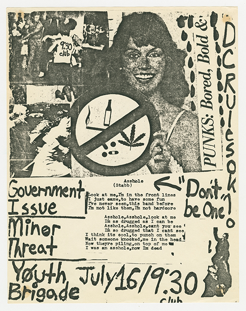 Vintage collage-styled flier. The top half has a collection of images, including a prominent one that shows a woman holding a sign that has a cross over images of drugs and drinking.