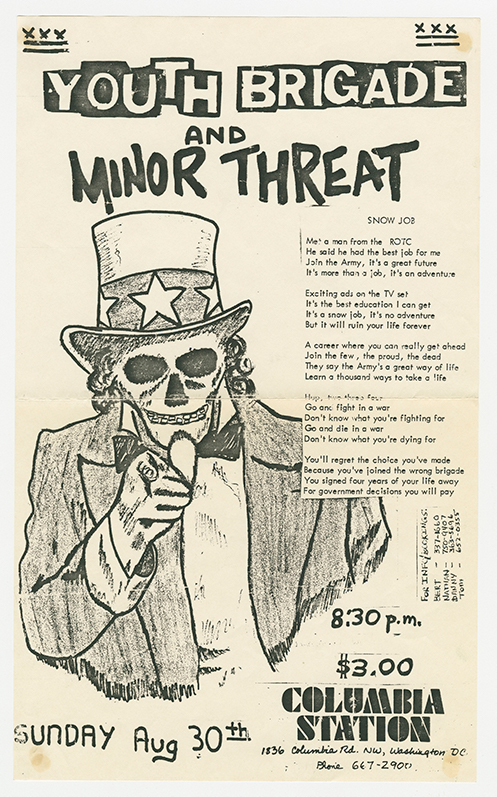 Flier with a prominent image of a skeleton version of Uncle Sam, wearing the same suit, top hat with a star, and a bow tie, pointing his finger at the viewer.