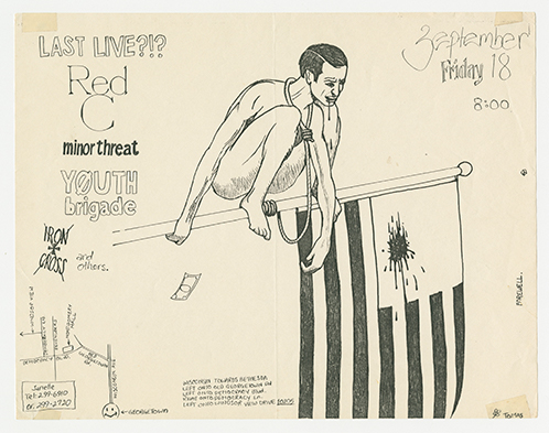 Flier with an illustration of a woman standing over a horizontal American flag, except the section with the stars has been replaced.