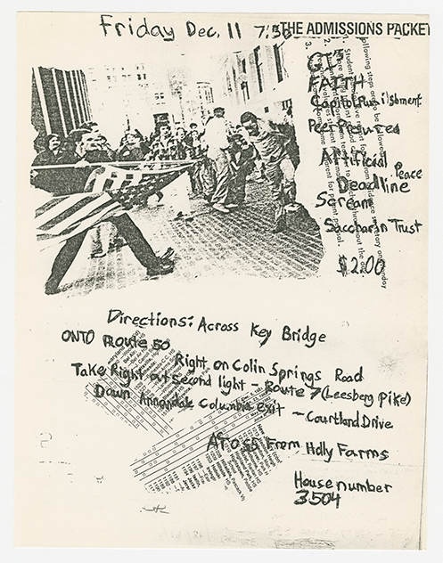 Government Issue flier with handwritten text and an image of guards using the American flag to attack people.