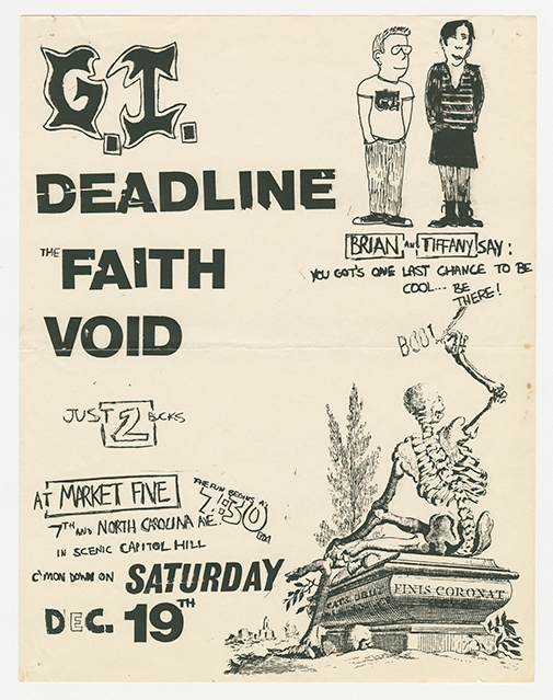 Flier for Government Issue with cartoon and skeleton illustrations on the right side.