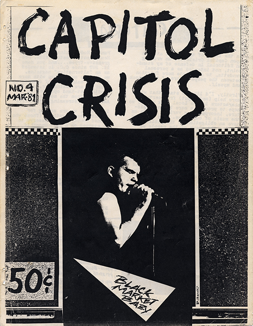 The title text on top says 'Capitol Crisis' and there is an image at the center of someone singing on stage holding onto a microphone. There is a banner at the bottom that says 'Black Market Baby'.