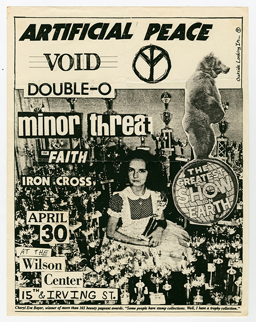 Artificial Peace Flier with band names, event details, and a collage design featuring a girl sitting on the floor surrounded by trophies.