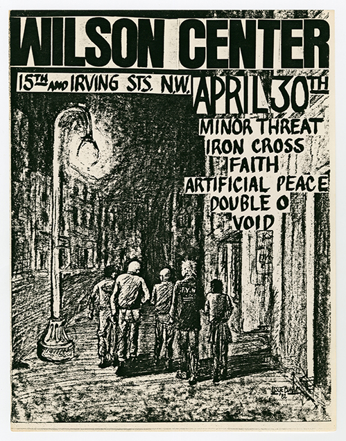 Flier for a concert at Wilson Center featuring multiple bands, with a street scene sketch as the background.