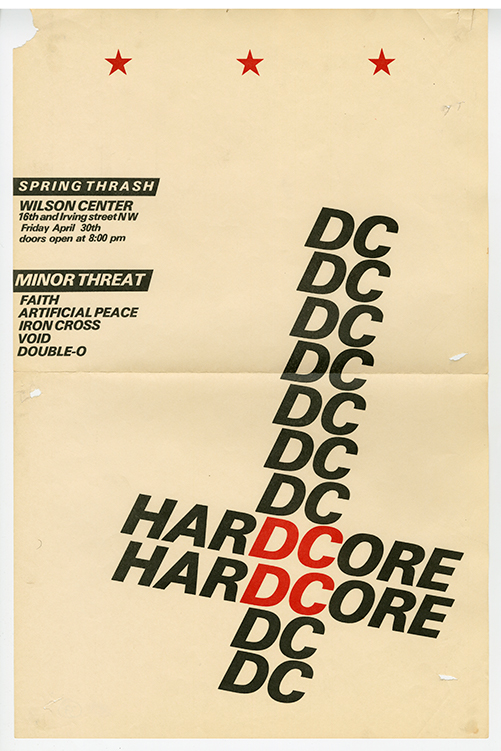 Minor Threat Flier with a list of featured bands and event details on the left side, and on the right is the shape of a sword or cross made by the vertical repetition of the words 'DC' and 'HARDCORE'.