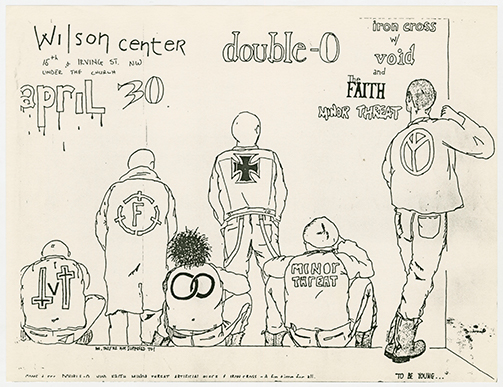 Void Flier with a drawing of five figures with decorated jackets sitting and standing in a line, all with their backs to the viewer, and the event details are written above them.