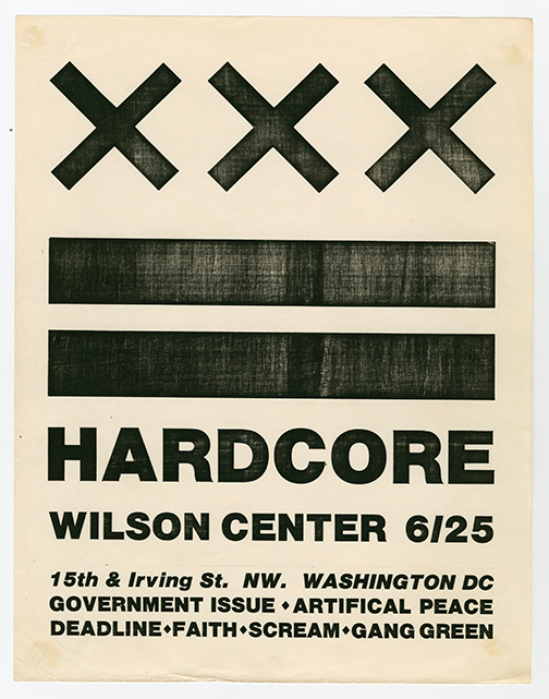 Flier for an event at Wilson Center titled 'Hardcore' with a list of performing bands. At the top are three large Xs and two black bars.