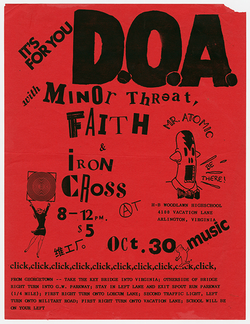 Dark red flier with black text and illustrations. There are little drawings supporting the text at the bottom, which includes directions to the school.