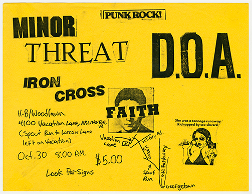 A yellow punk rock event flier with black illustrations and text for event details and a list of bands.