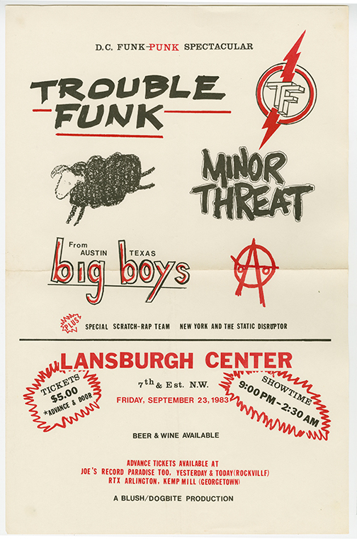 Flier with black and red text. The top half consists of all playing bands and some logos, and the bottom are event details.