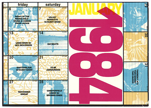 Colorful calendar of events in January (blue, yellow, pink, white).