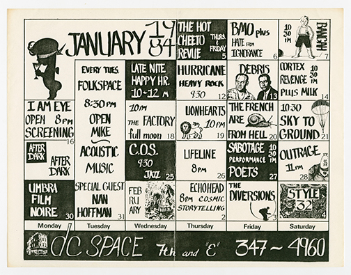 Black and white calendar of January events with drawings on several dates.