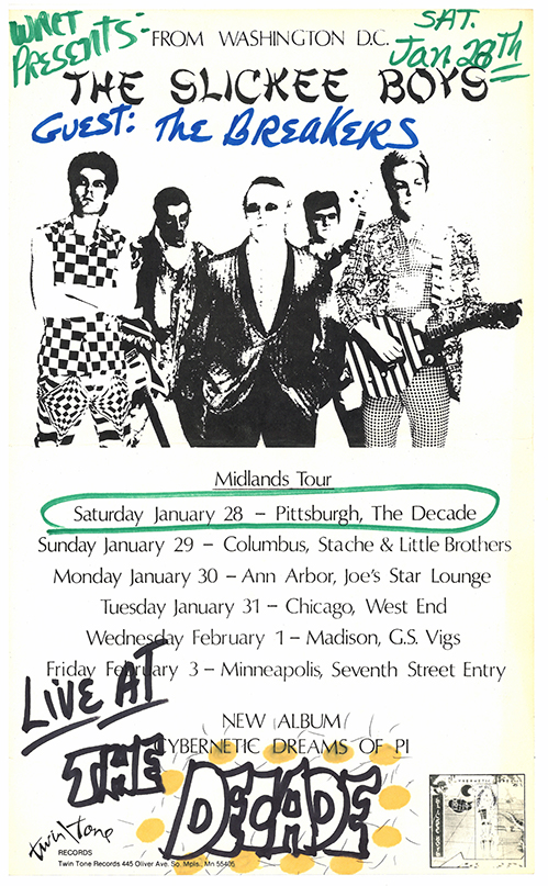 Promotional flier with a black-and-white image of five band members in the center, and a mix of hand-written and typed-up text in black, blue, and green.