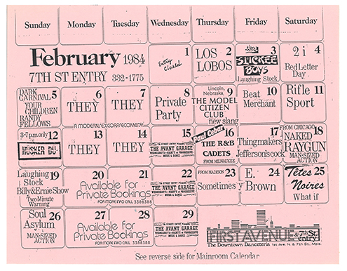 Pink calendar of February events with varying fonts.