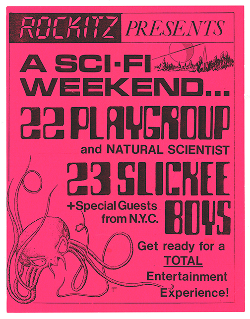 Red sci-fi themed event poster with text and an octopus illustration.