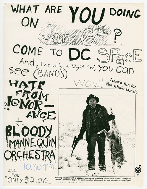 Handwritten flier with a picture of a man (hunter) holding a rifle in one hand and a coyote by the leg in the other hand.