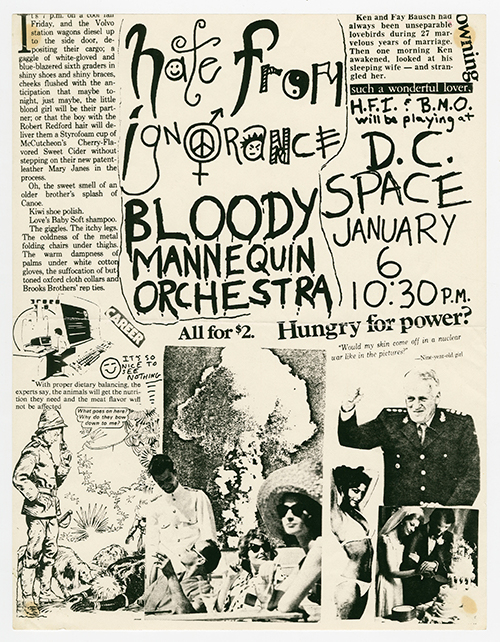 Collage styled flyer with handwrittent text, cut-out text from an article, and some illustrations and photos of people.