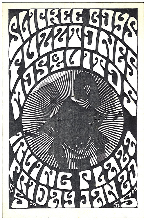 Psychedelic black and white poster with a silhouetted figure in a circle in the center, and curved bold text above and below the cirlce.