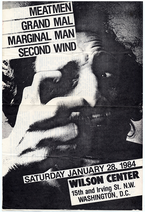 Flier with a background image of a man whose face is being clawed by a hand, and there is black text with white background on the top left and bottom right that is slightly diagonal.