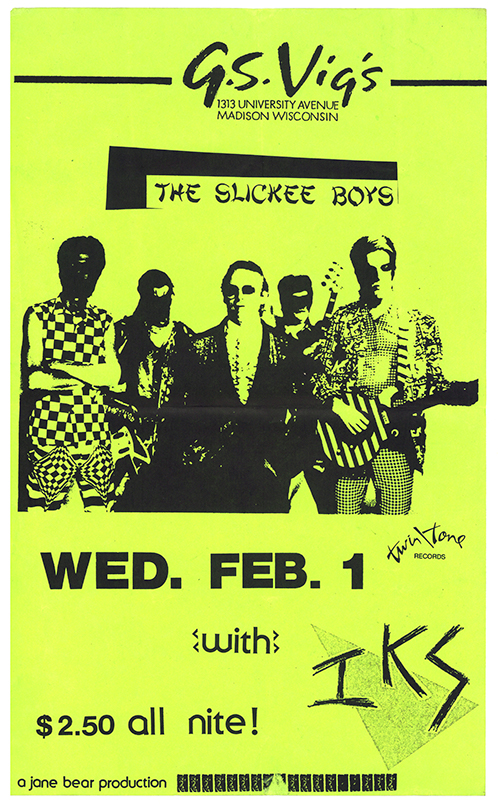 Bright green flier with black text and illustration of the five band members at the center.