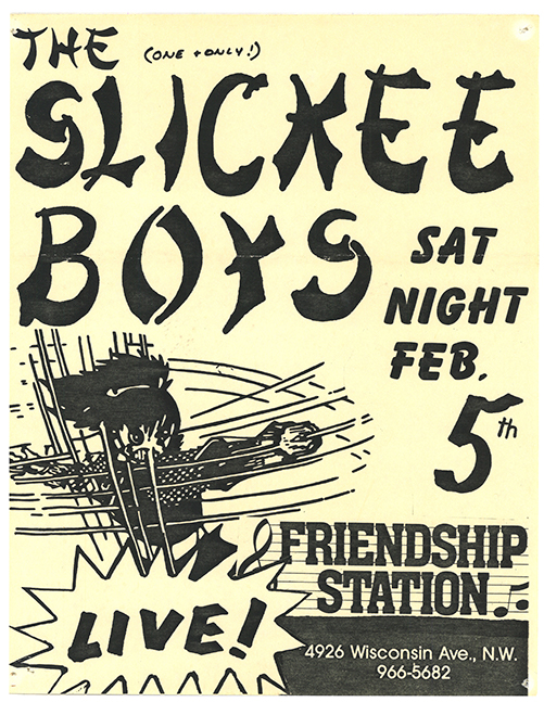 Slickee Boys Poster with large bold text and their logo of a character in a fighting pose.