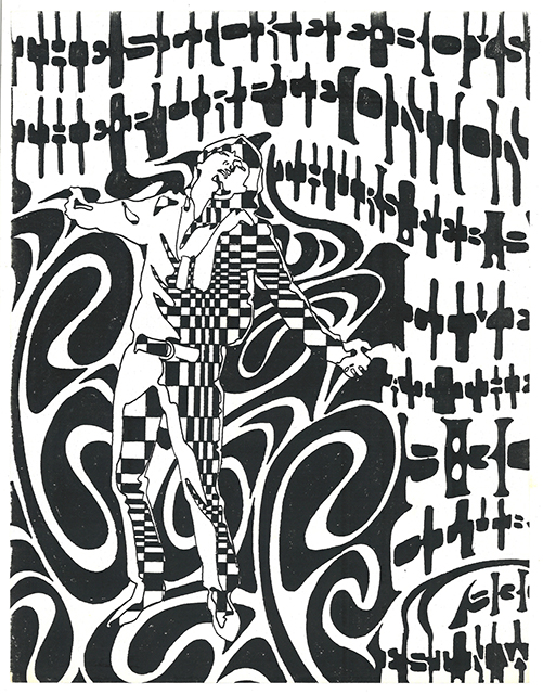 Black and white abstract illustration of a person with half checkered clothing overlayed on a swirling and patterned background.