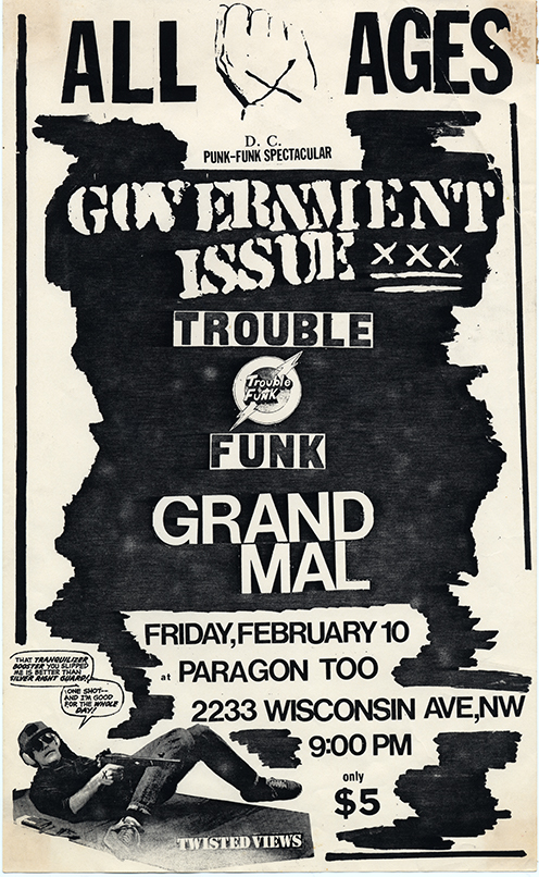 Flier for an all-ages event with varying stylized text, all in bold, large font, and at the bottom left is an illustration of a man laying down holding a weapon, and there is a speech bubble above his head in a comic-book style.