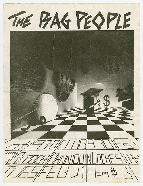 Flier titled 'The Bag People' with a large image of a room of illusions (such as a checkered floor and melting clock) and event details at the bottom that are aligned to match the plane of the floor of the room from the image.