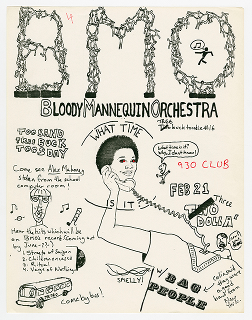 Hand-written flier with doodles and illustrtaion, and at the center is the head of a person smiling on the phone with red eyes, and there is a circle around them has text that reads 'WHAT TIME IS IT?'.