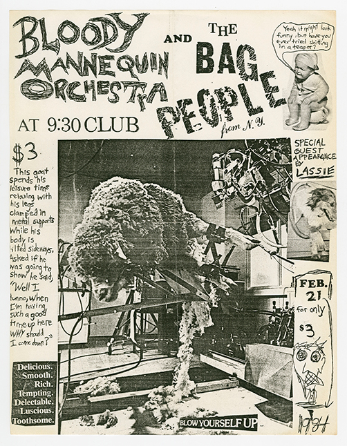 Flier with a large image of a goat on a machine at the center, with hand-written text on the left that uses sarcasm, saying the goat enjoys being clamped up. On the right is a mix of illustrations and written text, and at the top are the band names.