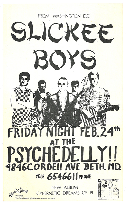 Slickee Boys Poster with a black-and-white illustration of the five band members at the center.