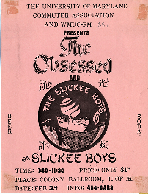 Red-tinted flier with large, bold text in black in different fonts, and at the center is the Slickee Boys circular logo (illustrated character's face with a mask on, covering the nose and mouth).