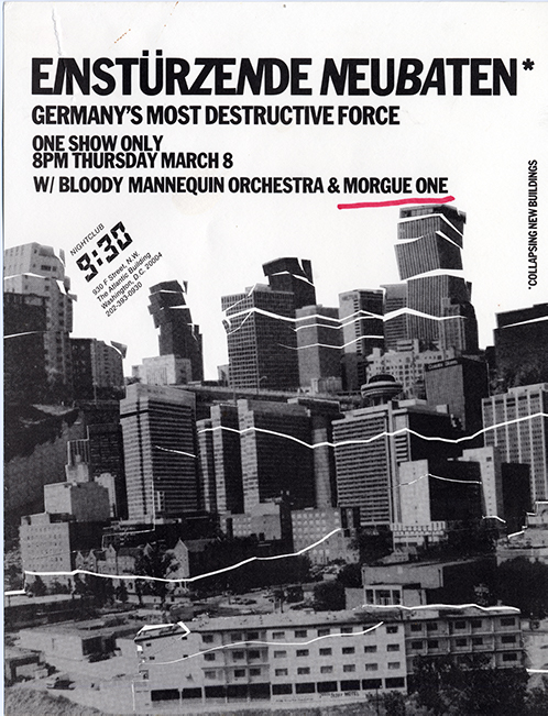 Flier with bold, black text at the top, and underneath is an edited image of a city scape with drawn-out white crack lines through buildings.