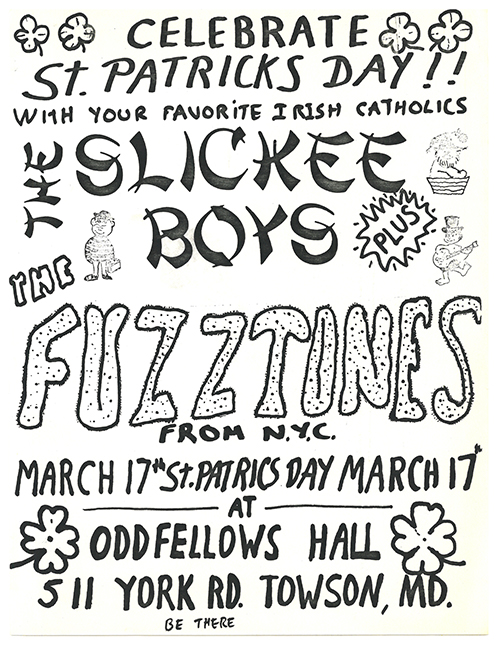 Flier for a St. Patrick's Day event with large, bold text of varying styles and small illustrations of four-leaf clovers and characters.