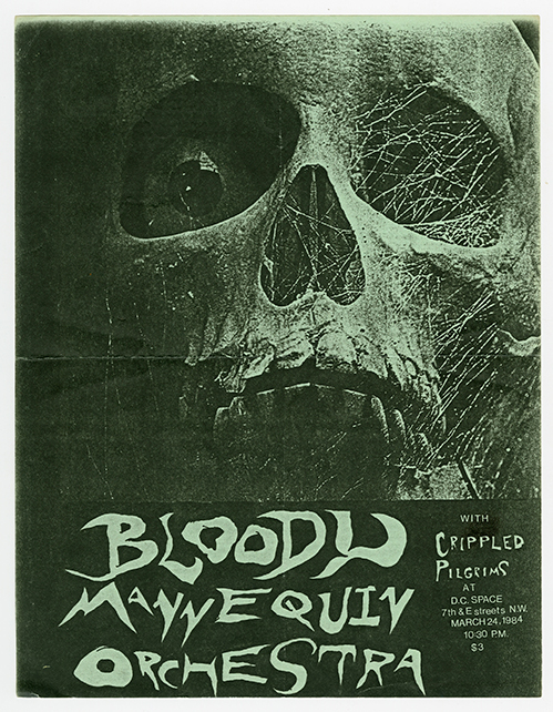 Green tinted flier with a background image of a close-up of a skull face covered in cobwebs on one side, and text in stylized font in the lower third of the poster.