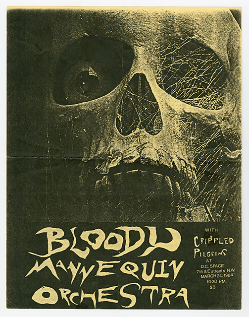 Yellow tinted flier with a background image of a close-up of a skull face covered in cobwebs on one side, and text in stylized font in the lower third of the poster.