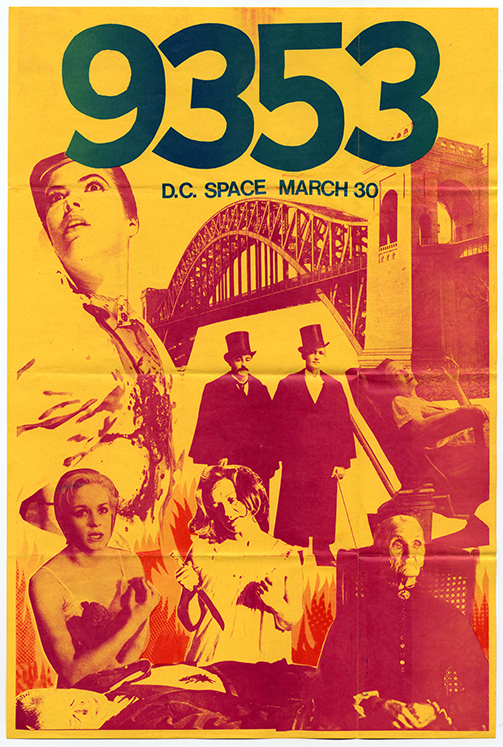 A yellow flier with red-tinted images of people and a bridge in the background, and dark-green text at the top with event information.