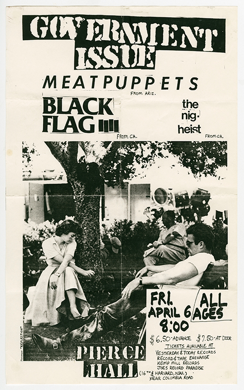 Flier with the band names at the top in varying fonts, and underneath is a large image of people sitting out in a backyard, which is overlayed with handwritten text for event details at the bottom right.