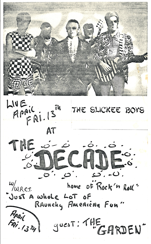 Flier with an image of the band at the top and handwritten event details underneath, including text that says 'Just a whole lot of raunchy American fun'.