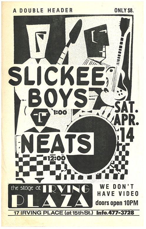 Flier with abstract black-and-white shapes and figures in the background that is overlayed with bold text.