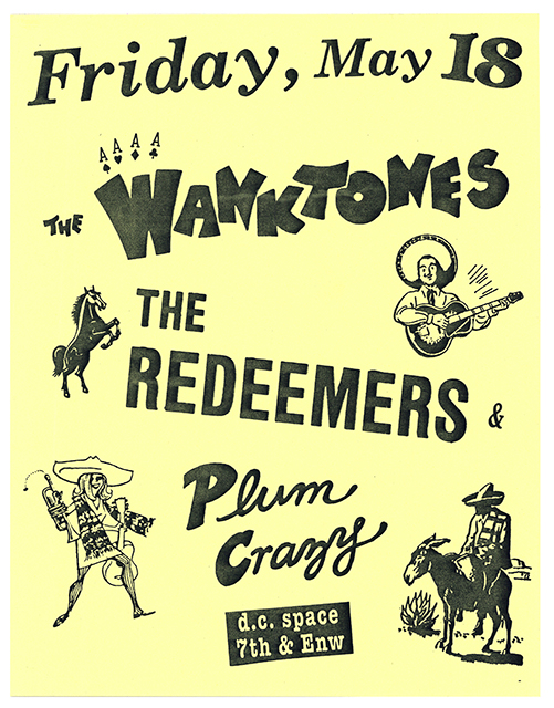 Yellow flier wtih black text with distinct typographical styles and small illustrations (horses, cowboys, guitars), incorporating elements of Western and rockabilly aesthetics.