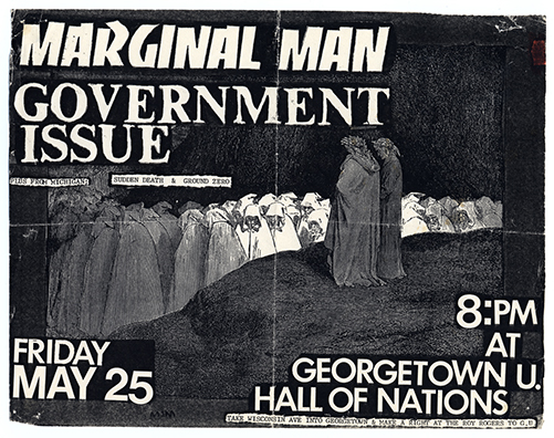 Flier with a dark background image of a large group of people in cloaks with their heads down, and overlayed on this is cut-out style text (white letters on black background).