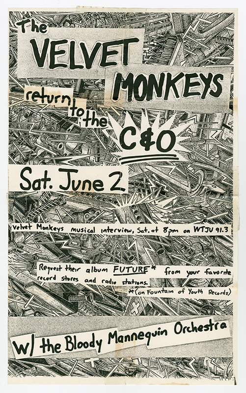 Flier with a background image of a bunch of weapons, and overlayed on this is cut-out style hand-written text (black letters on white background).