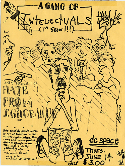 Yellow flier with black handwritten text and an illustration of a group of people all smiling and looking at a man at the forefront who is on his knees with a scared expression on his face.