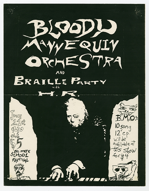 Flier with dark background and an illustration of an old man playing piano, with large text above him for band names and smaller hand-written text to the left and right with event details.